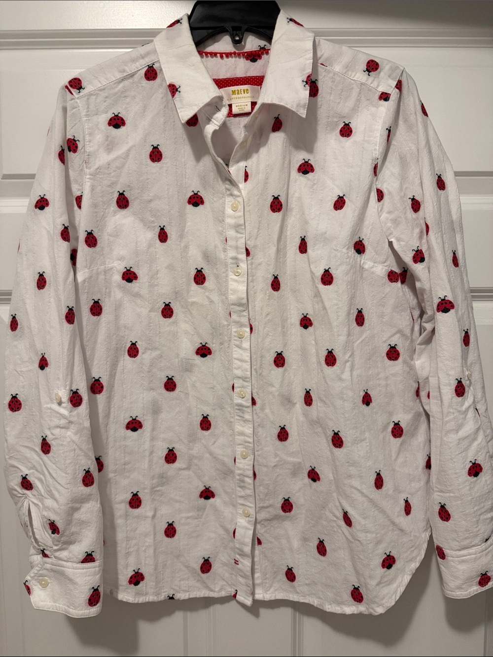 Maeve White Button-Down Shirt with Red Ladybug Motif